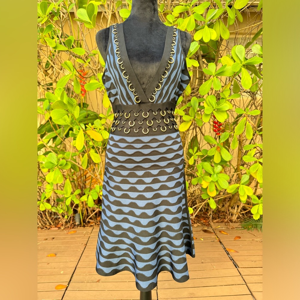 HERVE LEGER KATRIN RING-EMBELLISHED JACQUARD-KNIT BANDAGE DRESS BLACK BLUE L